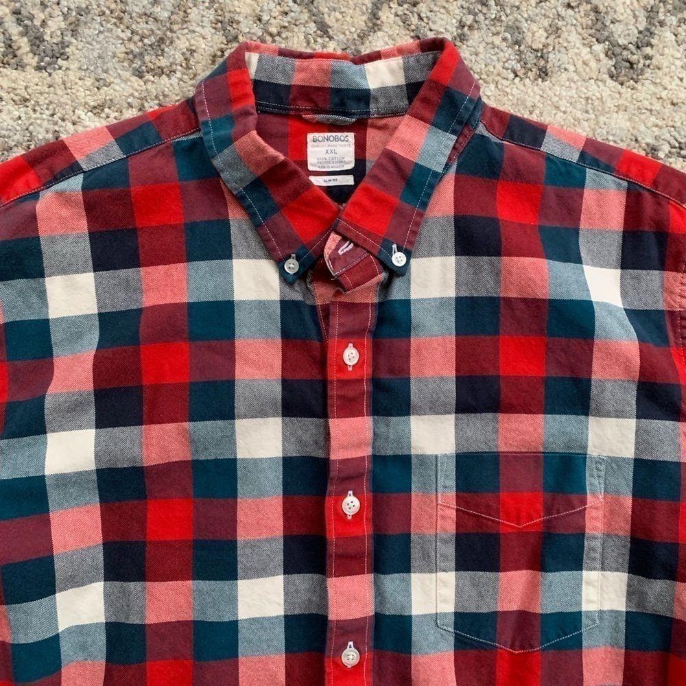 Bonobos Slim Fit Red Blue Plaid Flannel XXL